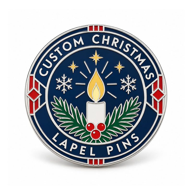 Round silver Christmas lapel pin with candle, evergreen branches, snowflakes, and stars