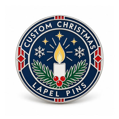 Round silver Christmas lapel pin with candle, evergreen branches, snowflakes, and stars