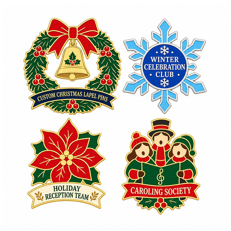 Four Christmas lapel pin designs featuring a wreath, snowflake, poinsettia, and carolers