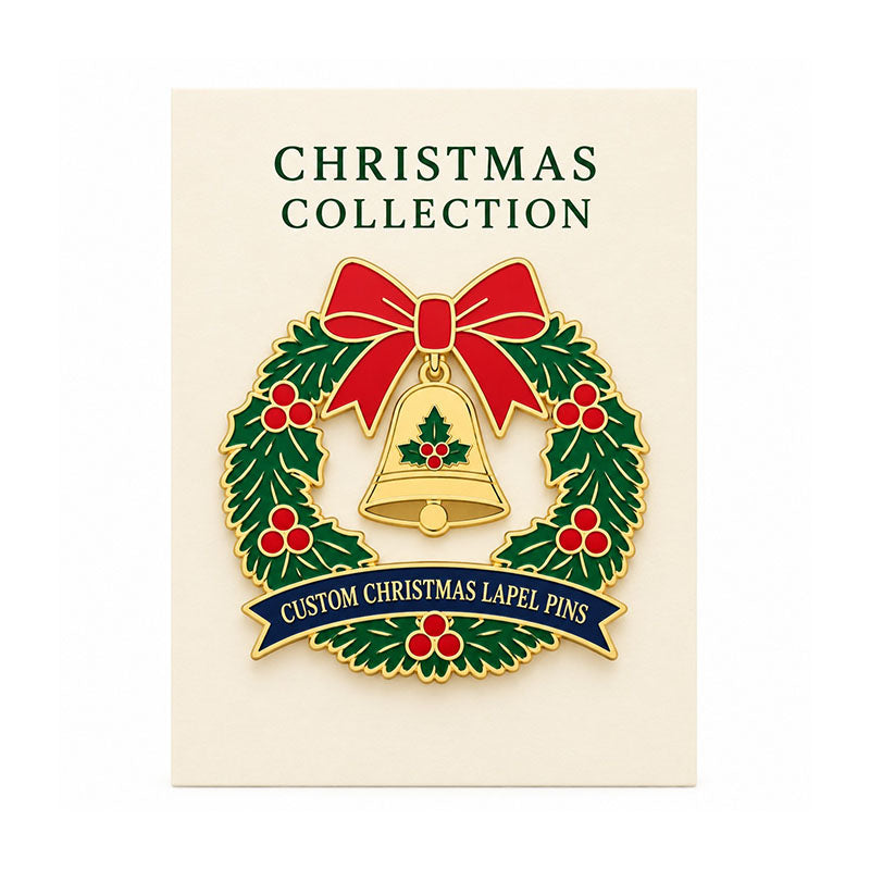 Christmas wreath enamel lapel pin displayed on a cream Christmas Collection backing card