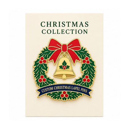 Christmas wreath enamel lapel pin displayed on a cream Christmas Collection backing card