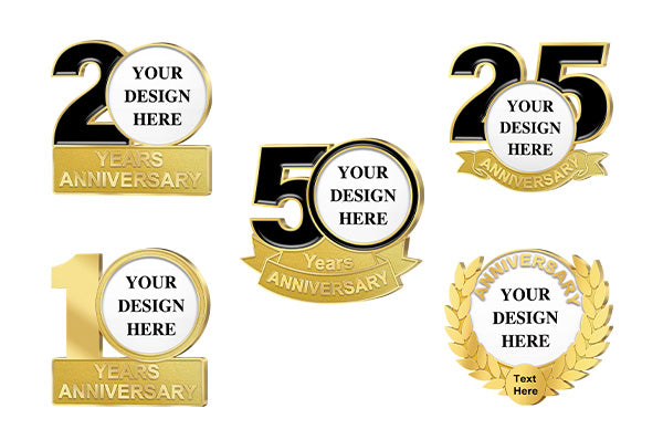 Anniversary pins collage with years 10, 20, 50, 25 and laurel wreath badge design templates.