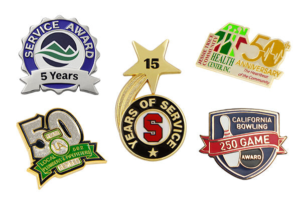 Award pins collage featuring 5 and 15 years of service, gold star, and enamel anniversary badges.