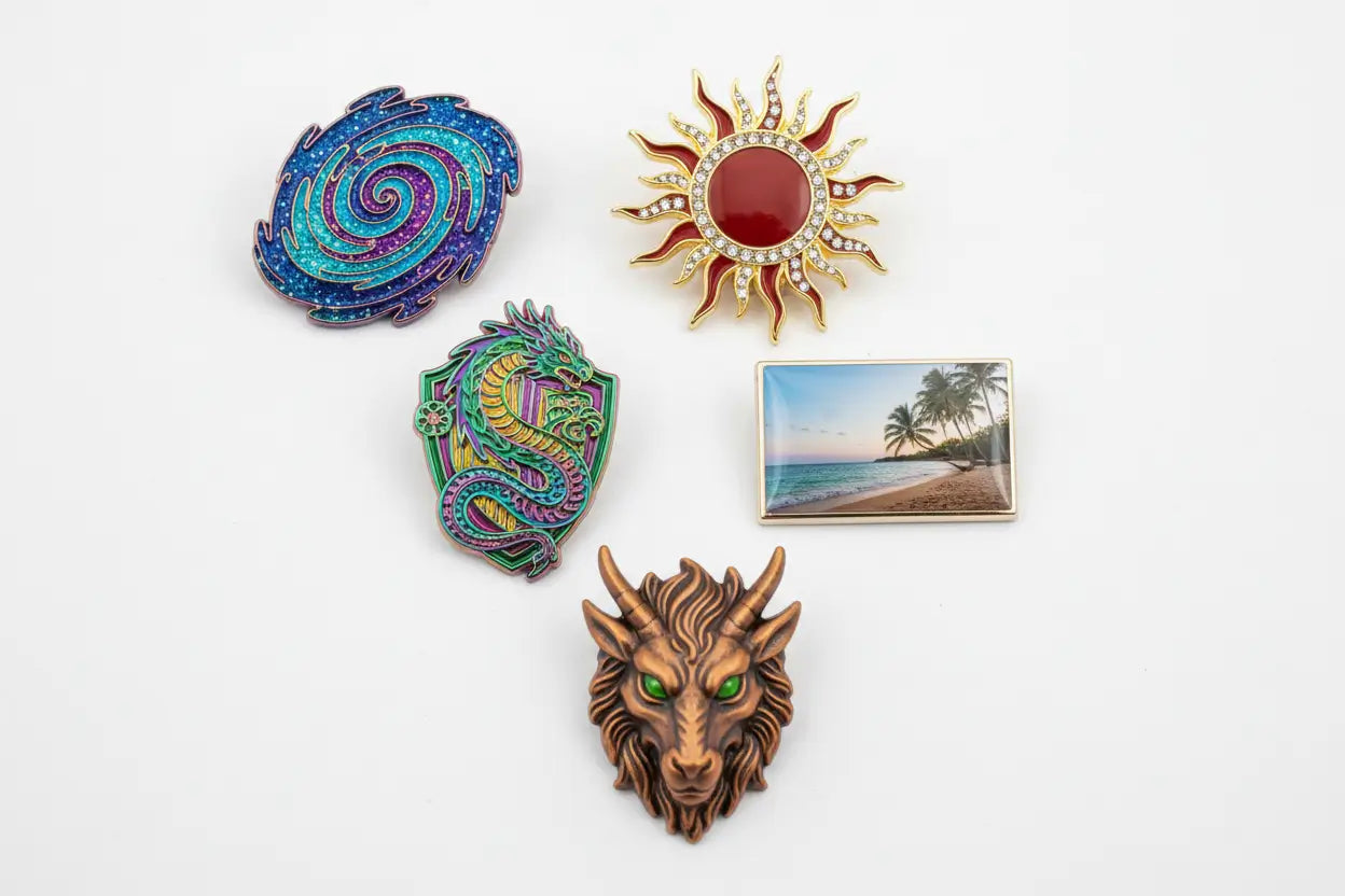 Collection of custom pins including soft enamel, hard enamel, die struck, printed, 3D