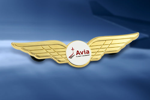 Custom Pilot Wing Pins For Avia Flight Academy Private Training Recognition Featuring Gold Stylized Wings And Custom Text On Sky-Themed Gradient Background