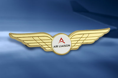 Custom Pilot Wings Pin Gold With 3D Dimensional Wings And Custom AIR LIAISON Text In Aviation Industry Recognition Case