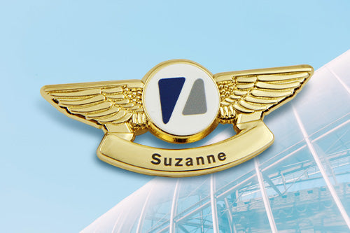Custom Pilot Wings Pin Gold In Insurance Industry Employee Recognition Case With 3D Dimensional Design And Custom Text