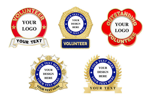Volunteer pins collage with gold laurel wreath, stars, ribbons, and outstanding volunteer lapel badge templates.