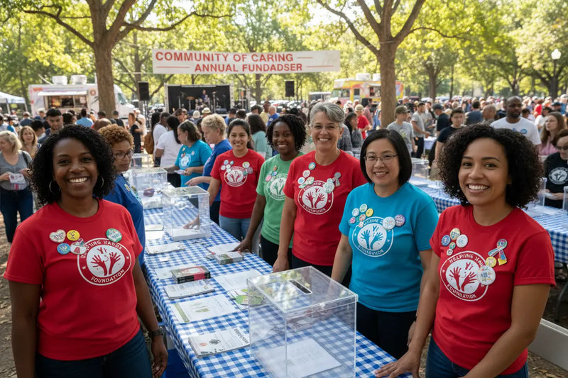 Volunteers wearing awareness and nonprofit logo pins during a fundraising event