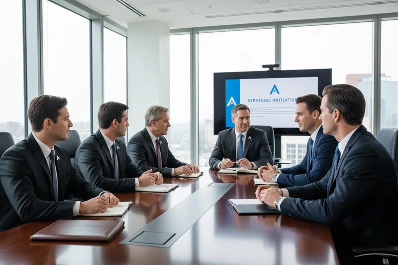 Business professionals wearing company logo lapel pins in a corporate setting