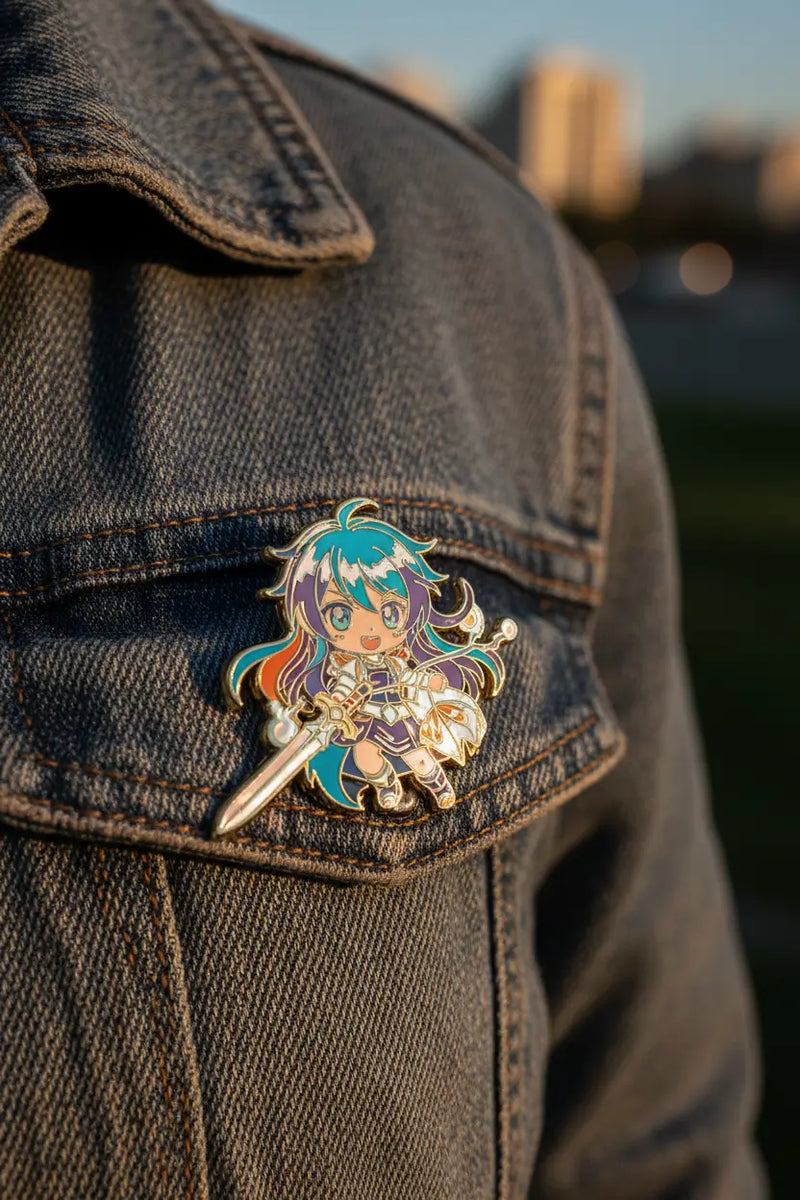 A high quality anime girl hard enamel pin badge pinned onto a heavy denim jacket showing trend-setting enamel pins for clothes.