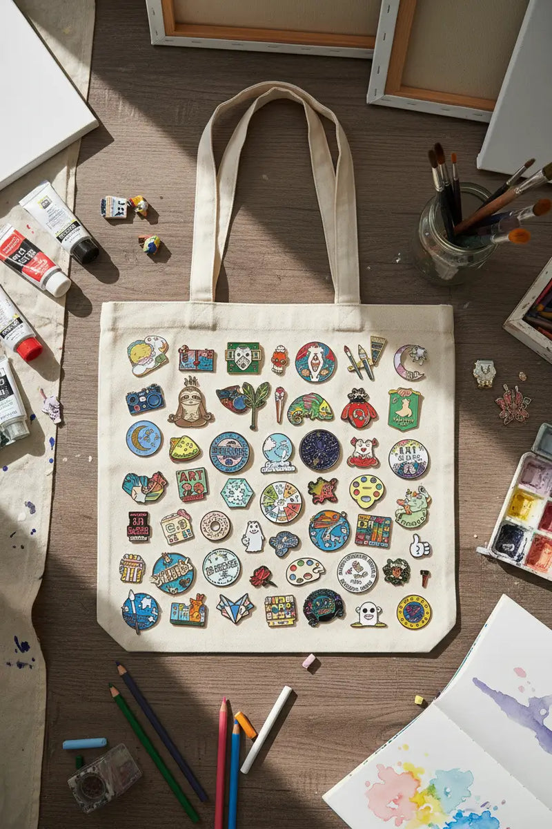 A cream canvas tote bag beautifully decorated with dozens of colorful awesome enamel pins from independent custom merchandise drops.