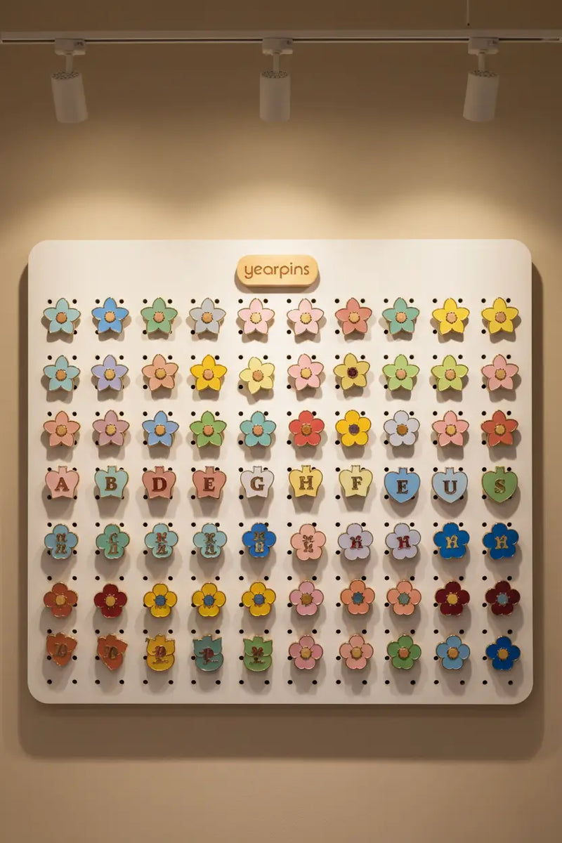 Dozens of custom metal badges organized on a warm pastel colored enamel pin board display for independent creator shops.