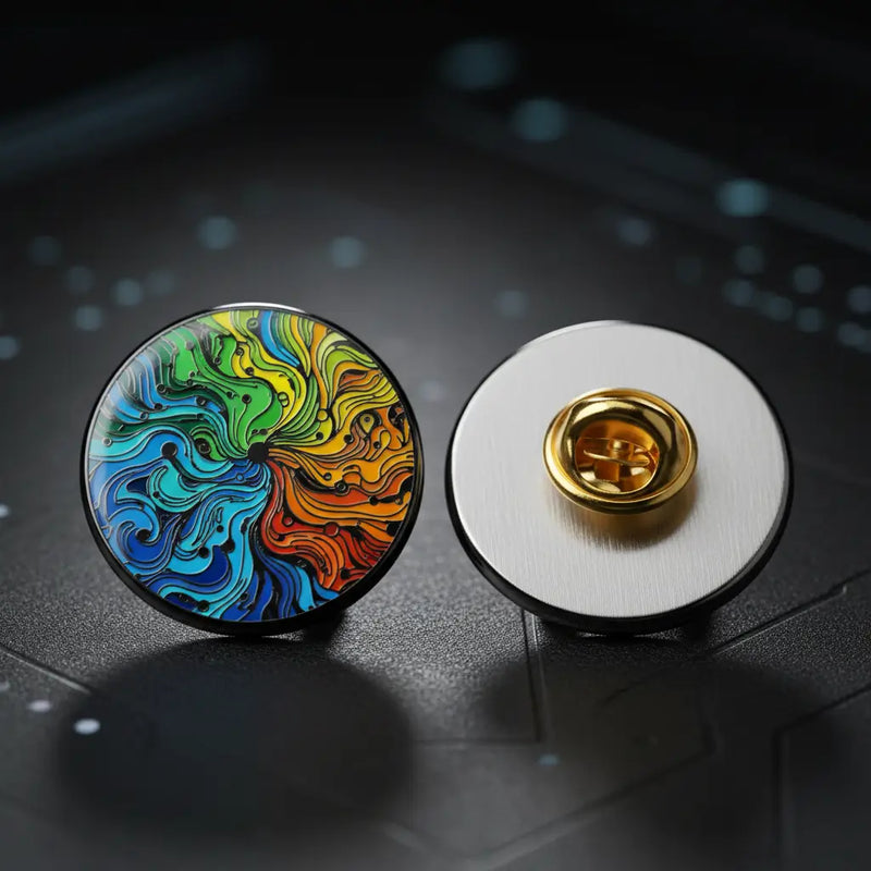 A colorful swirl cool enamel pins design next to its secure brass clutch showcasing robust and durable custom enamel pin backs.