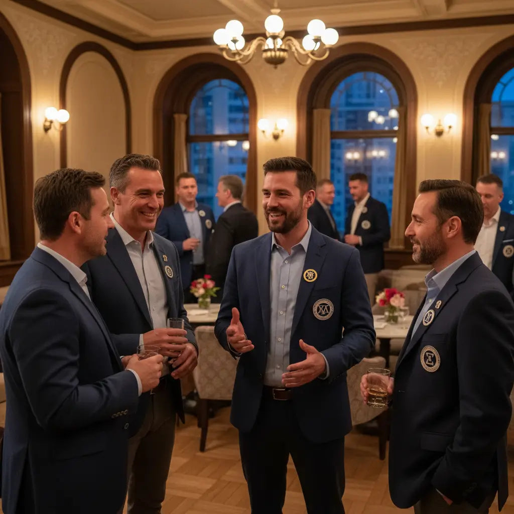 Fraternity and social club members wearing custom logo lapel pins at a community gathering