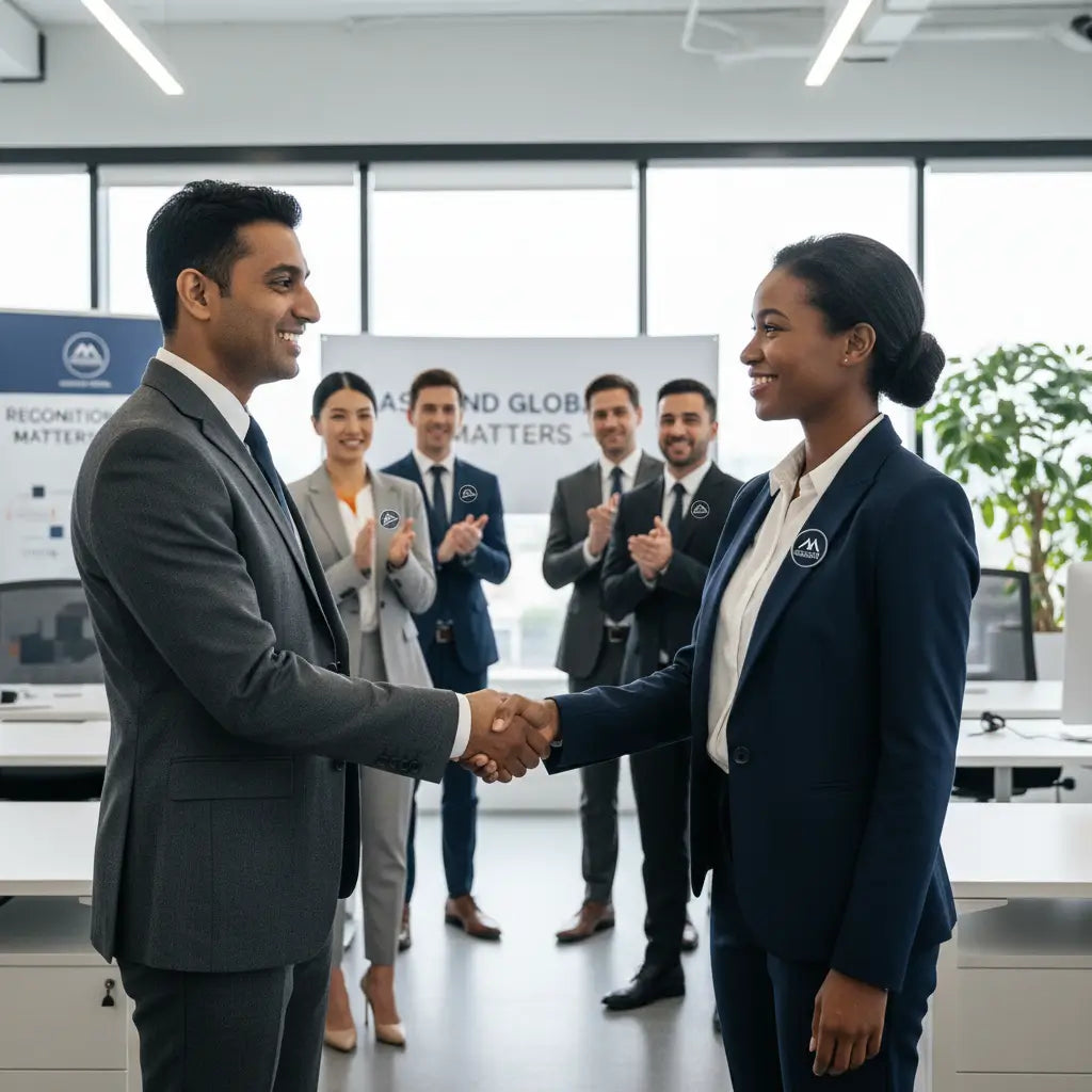 Employees wearing custom company logo lapel pins during a corporate recognition event