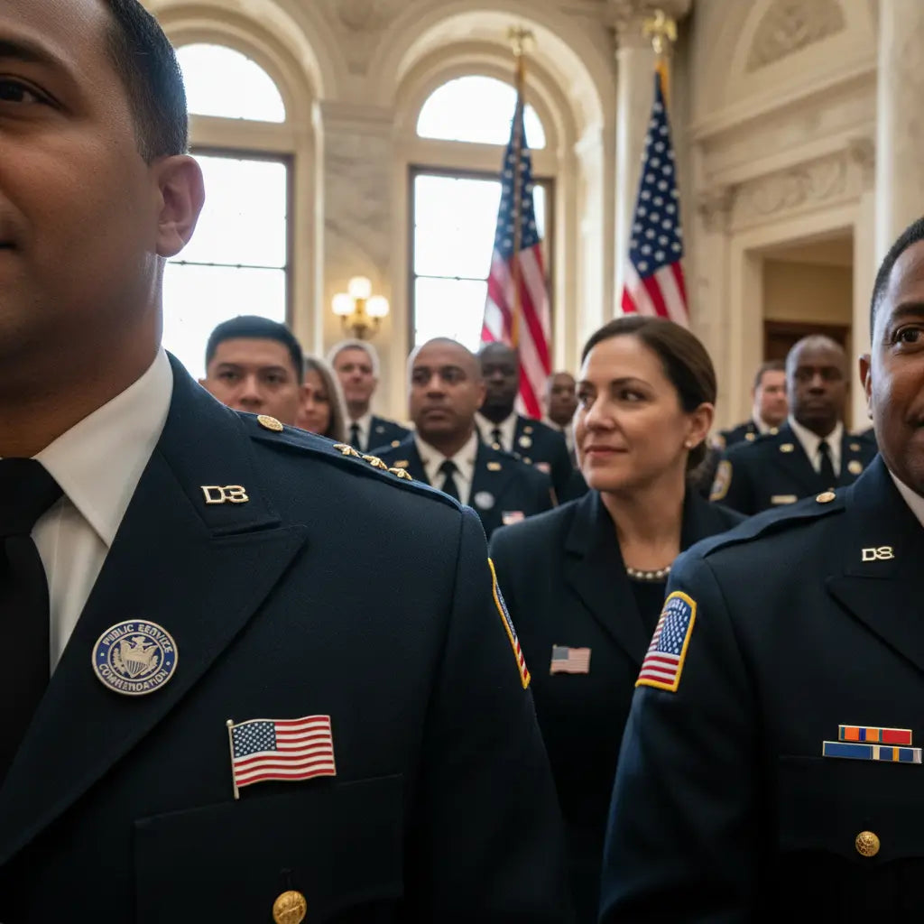 Officers and public service employees wearing custom metal and flag pins during a recognition ceremony