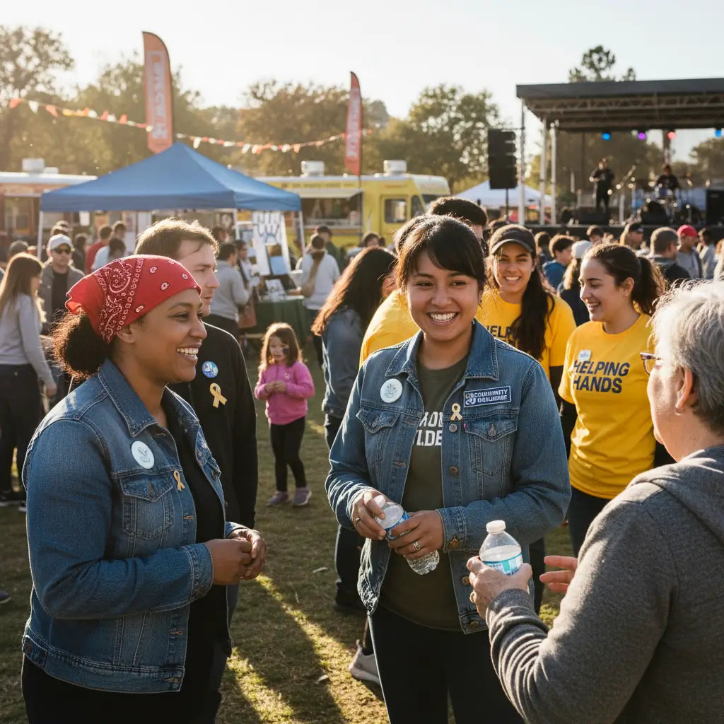 Volunteers wearing custom awareness and nonprofit pins at a community fundraising event