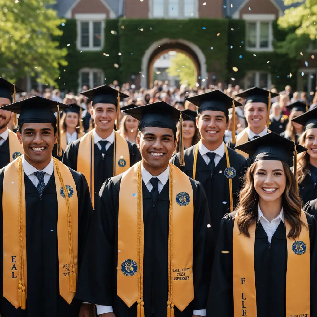 Graduates wearing custom school logo pins during graduation celebration on campus