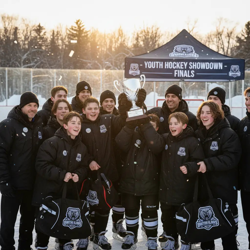 Athletes and coaches wearing custom sports logo pins during a youth hockey tournament