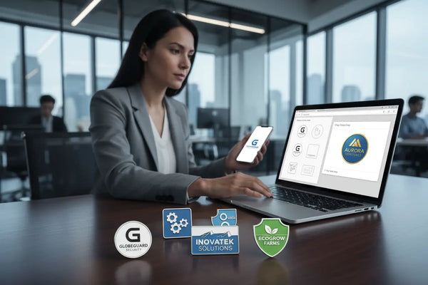 Business customer choosing a template and uploading logo for custom logo pins