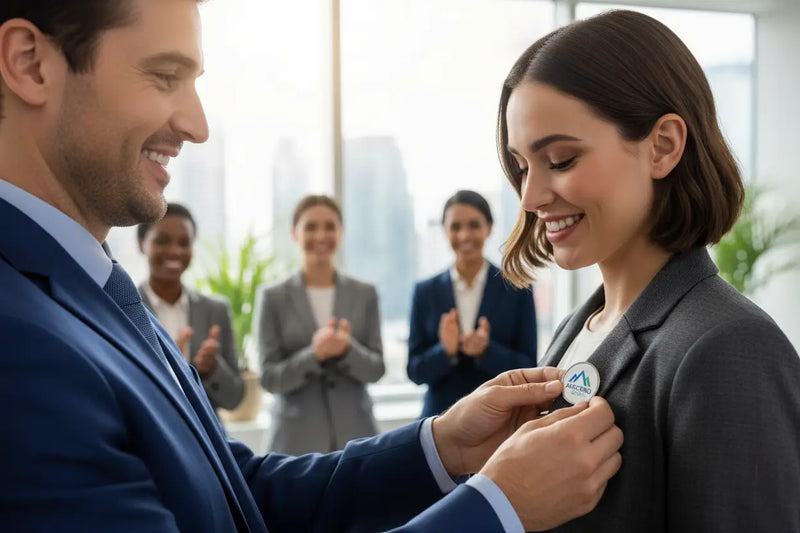 Employees receiving custom company logo pins during a staff appreciation and recognition event