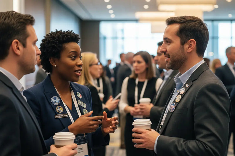 Guests wearing custom event pins during a conference and networking event