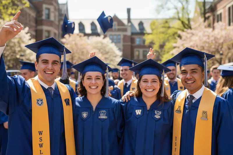 Students wearing school logo pins during graduation and academic celebration