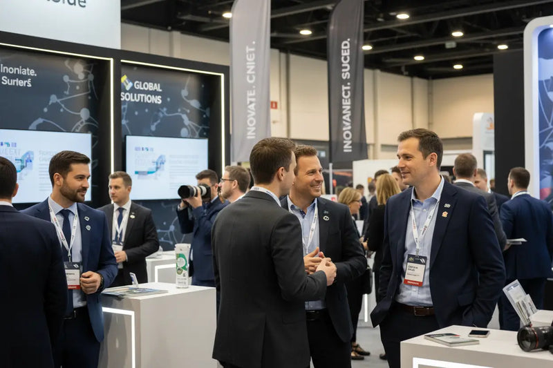 Conference attendees wearing promotional custom logo pins at a trade show event