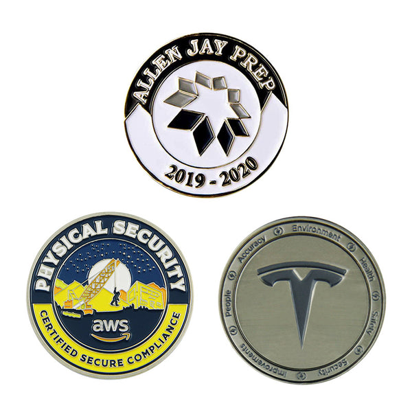 Three commemorative coins with different logos and text, like Amazon AWS, Allen Jay PREP, etc.