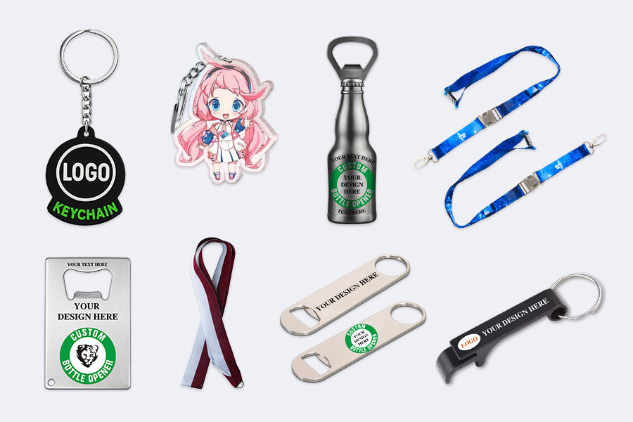 Collection of customizable accessories including keychains, bottle openers, and lanyards.