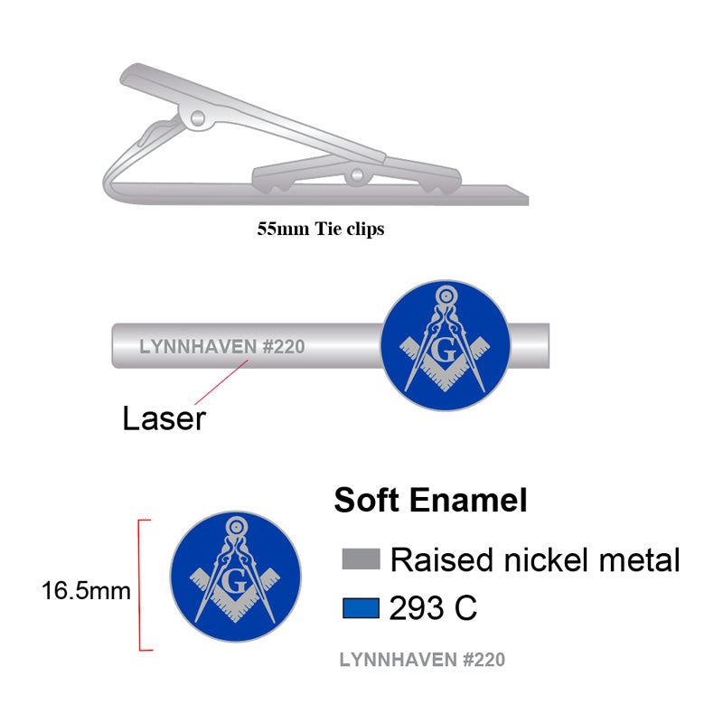 Design draft, showcasing custom silver tie clip and blue enamel lapel pins with raised nickel metal and laser-engraved custom text