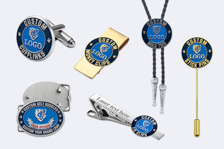 Collection of custom cufflinks, tie clips, money clips, and belt buckles