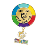 Custom Pin with Dangler in Gold Featuring Central Lion Head Emblem on Multi-Color Hard Enamel Segmented Disc and a Separate Shield Pendant with Custom Text for Premium Promotional Use