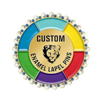 Custom Enamel Lapel Pins in Gold with Rhinestone and Pearl Accent Ring Featuring Black Line Art Cougar Head on Multi-Color Segmented Design Including Blue Cyan Yellow Red Purple and Green with Custom Text