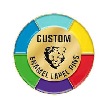 Custom Pin with Spinner in Gold Featuring Central Rotatable Logo Area on Multi-Color Hard Enamel Segmented Disc with Black Custom Text for Interactive Brand Promotion