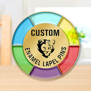 Custom Enamel Lapel Pins In Gold With Stained Glass Multi-Color Segmented Design Featuring Central Gold Lion Head And Black Custom Text For Vivid Premium Custom Branding
