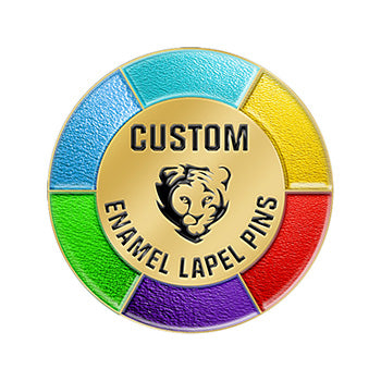 Custom Pin in Gold with Transparent Enamel Featuring Tiger Head Emblem and Multi-Color Segments Including Blue Yellow Red Purple and Green on Circular Badge with Custom Text