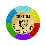 Custom Enamel Lapel Pins In Gold Featuring Central Tiger Head Emblem On Circular Badge With Multi-Color Swirl Pearlescent Segments In Blue Green Purple Red And Yellow Featuring Custom Text