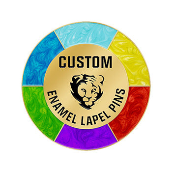 Custom Enamel Lapel Pins In Gold Featuring Central Tiger Head Emblem On Circular Badge With Multi-Color Swirl Pearlescent Segments In Blue Green Purple Red And Yellow Featuring Custom Text