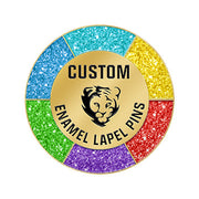 Custom Pins With Glitter Enamel In Six Distinct Color Segments Featuring Gold Lion Head On Central Disc And Custom Text For Vivid Branding And Premium Collectible Appeal