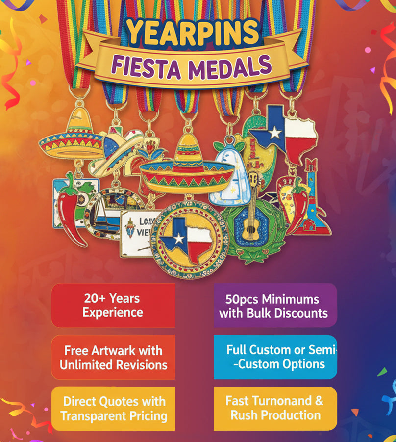 Fiesta medals with colorful designs on a vibrant background