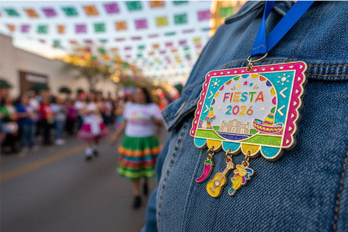 Colorful 'Fiesta 2026' badge on a denim jacket with Fiesta events