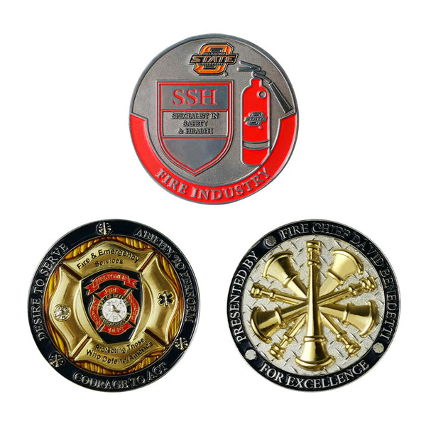 Fire industry-themed custom coins with different designs in various effects