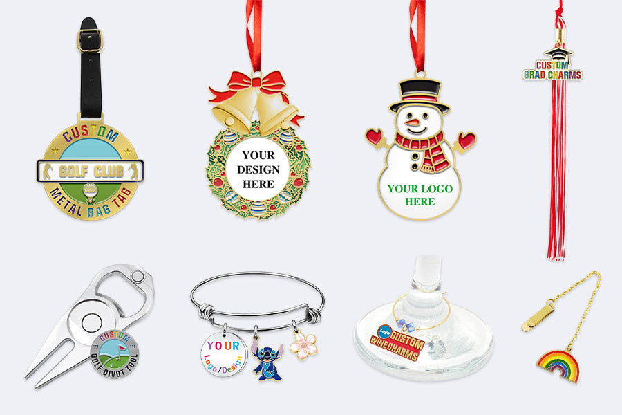 Collection of customizable holiday ornaments, charms, golf accessories
