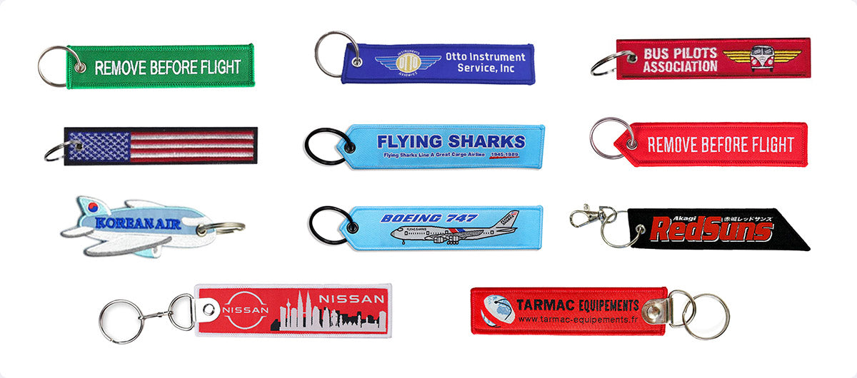 collection of custom flight tag designs, styles, and finishes