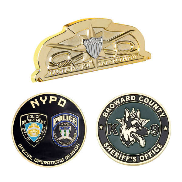 Law enforcement-related coins featuring different emblems and shapes for public departments