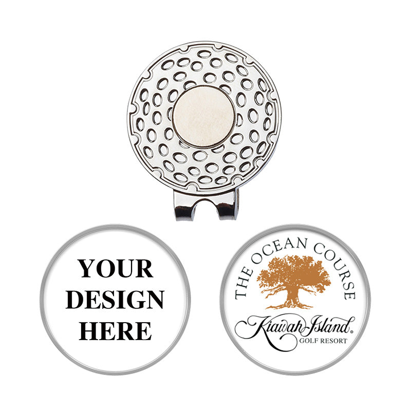 Metal golf hat clip with a customizable  logo or text.