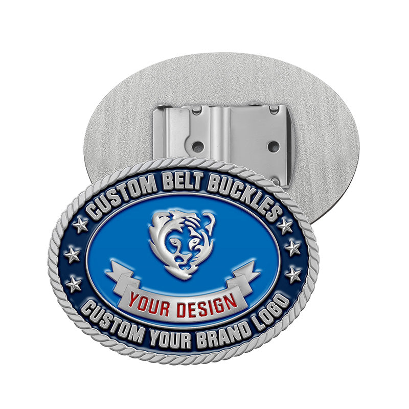 Custom belt buckle in blue and silver with embossed tiger design and rope edge, featuring custom text, displayed in front and back views with Slide clasp attachment.