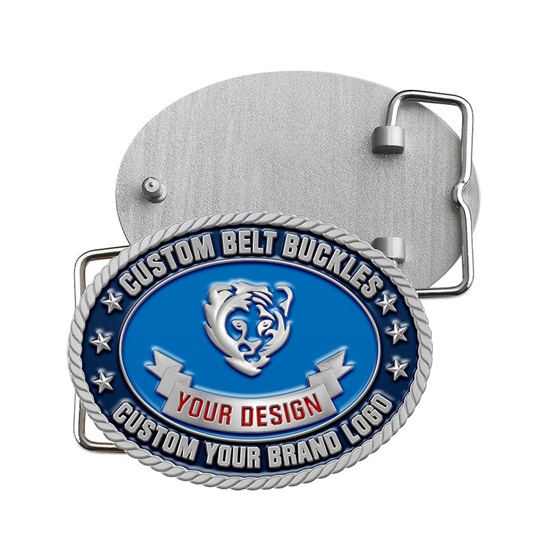 Custom belt buckle in silver and blue with embossed tiger design and custom text, displayed in front and back views on white background.